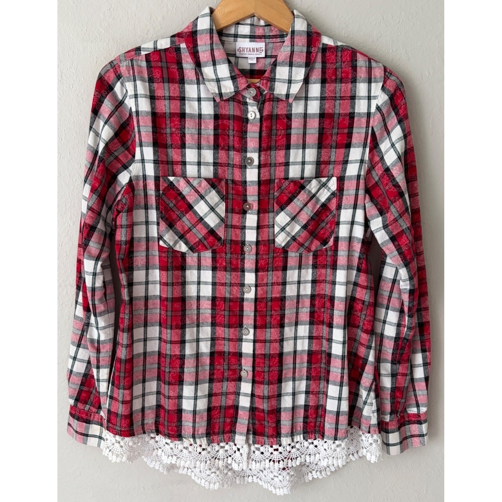 Shyanne Womens Lace Trim Plaid Flannel Button Down Shirt Medium WH16W7 Red White